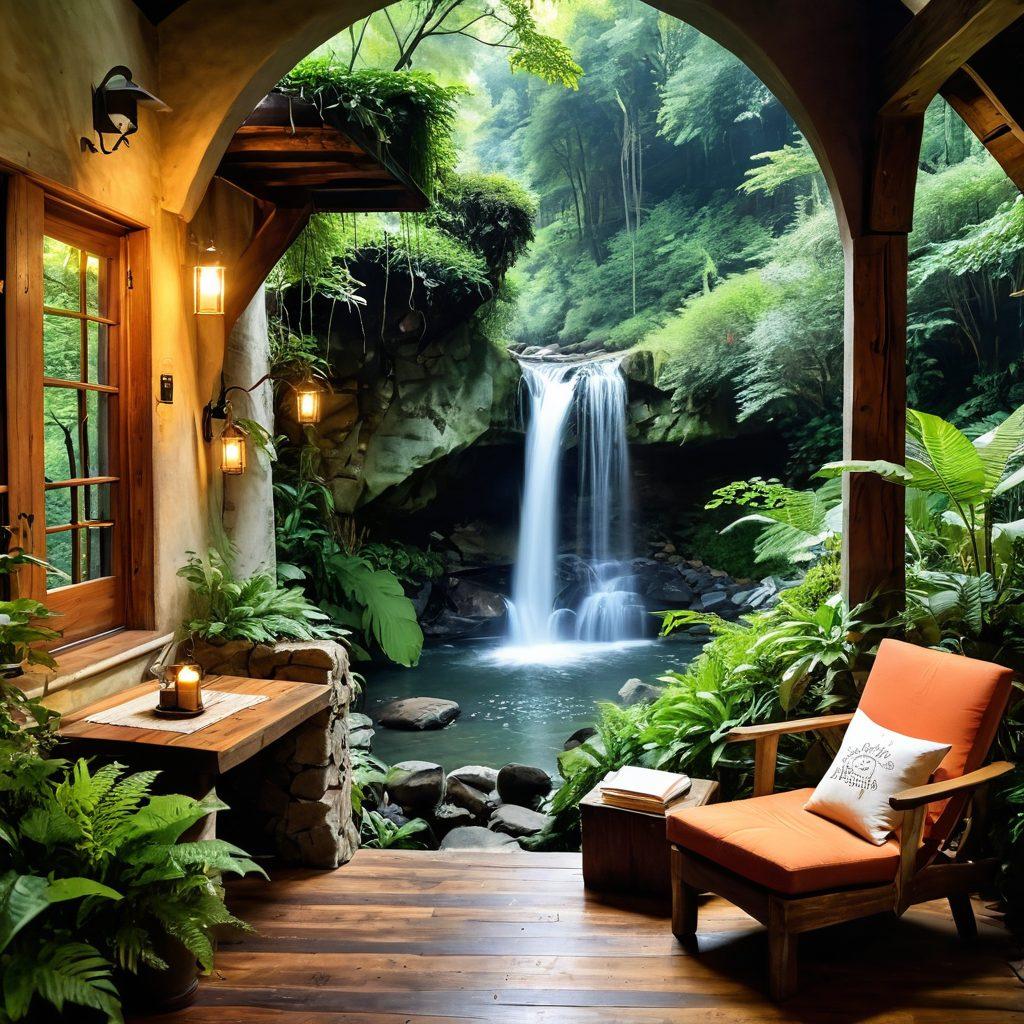 A serene, hidden retreat nestled among lush, verdant mountains, with an enchanting waterfall cascading nearby. Soft, dappled sunlight filtering through the dense canopy creates a magical ambiance. Cozy seating arrangements with rustic wooden furniture invite relaxation, while a compass and a mysterious map hint at adventure. A hint of mist adds an air of mystery and seclusion. vibrant colors. painting.