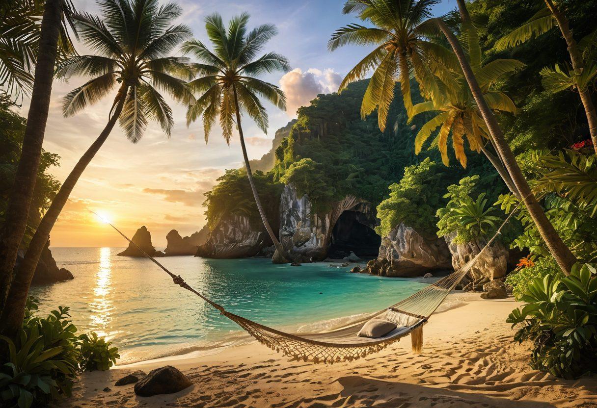 A serene landscape featuring a secluded beach with crystal-clear water, surrounded by lush green cliffs and tropical foliage. Include a cozy hammock tied between two palm trees and an untouched hidden cave in the background. Soft golden sunset lighting casts a warm glow, inviting viewers to explore the tranquility of secret getaways. vibrant colors. super-realistic. warm tones.