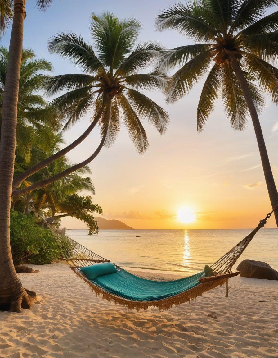 A serene, hidden tropical beach with crystal-clear turquoise waters and lush green palm trees swaying in the breeze. In the foreground, a luxurious hammock strung between two trees invites relaxation, while a glimpse of a secluded, charming bungalow can be seen in the background. Soft golden sunset light casts a warm glow, enhancing the allure of this exclusive getaway. tropical paradise. vibrant colors. super-realistic.